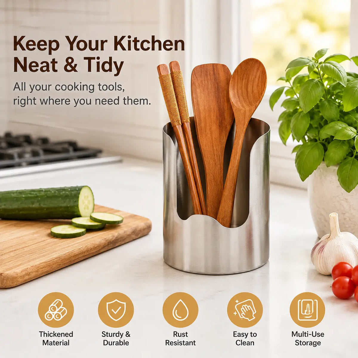 Thickened Stainless Steel Utensil Holder – Kitchen Countertop Organizer