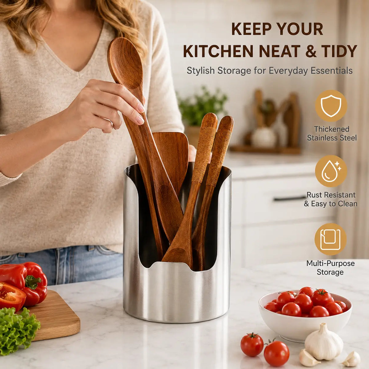 Thickened Stainless Steel Utensil Holder – Kitchen Countertop Organizer